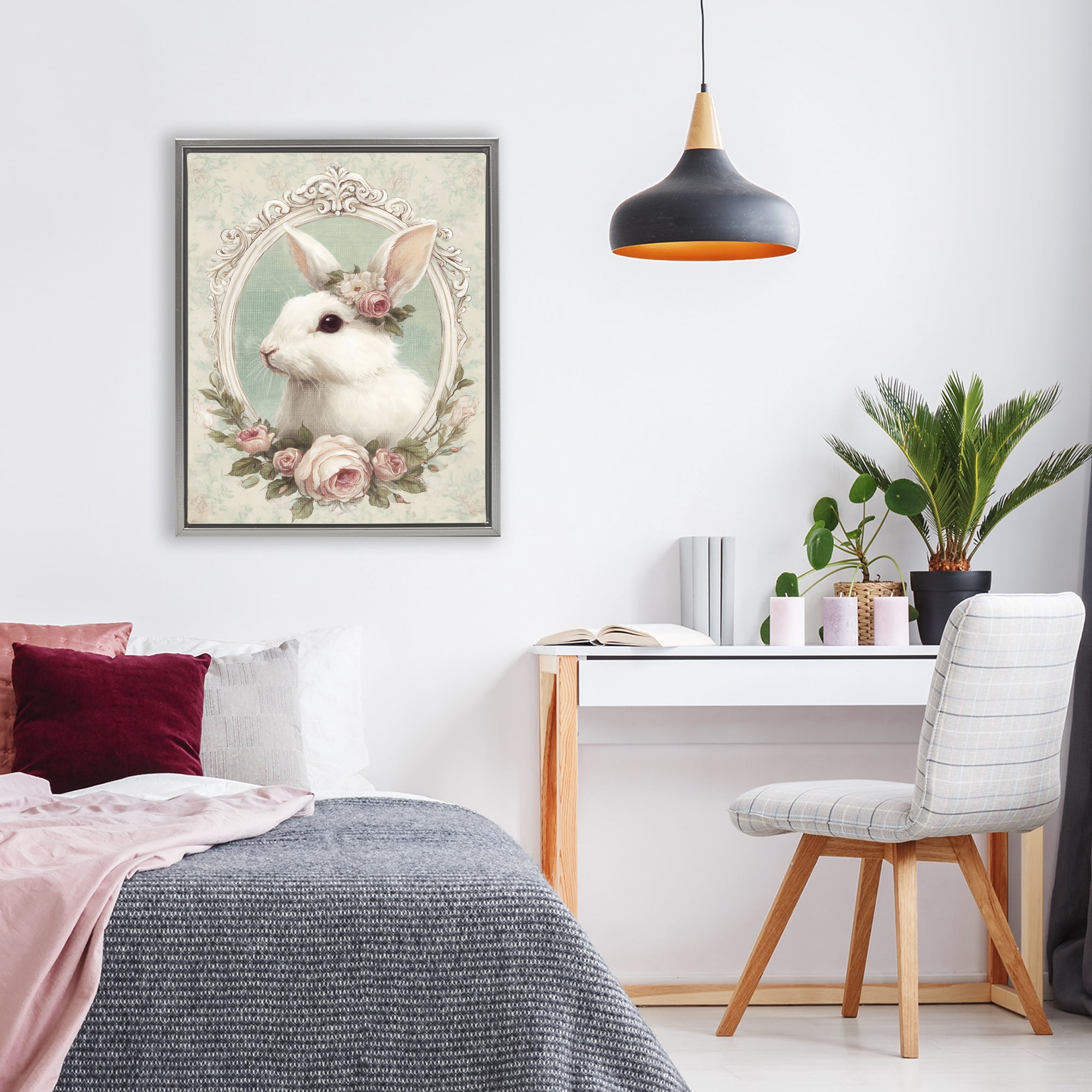 Stupell Industries Flower Fringed Bunny Portrait Gray Framed Floater Canvas Wall Art, design by Ink Drop Loft