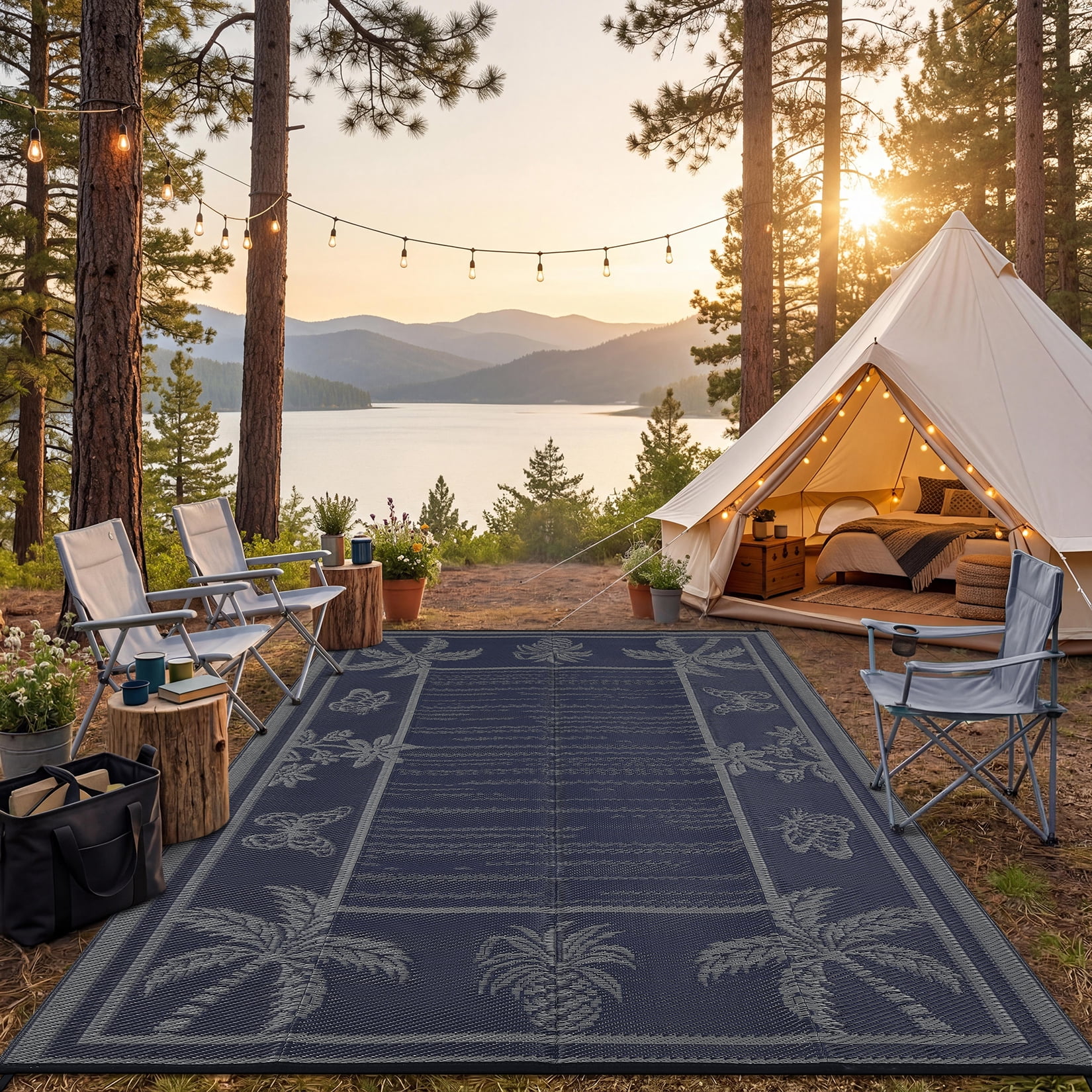 Garvee Outdoor Rug 8x10ft Waterproof Reversible Foldable Plastic Straw Rug, Tropical Leaf Border Outdoor Mat for Patio, Camping, RV, Deck, Porch, Balcony, Black Blue