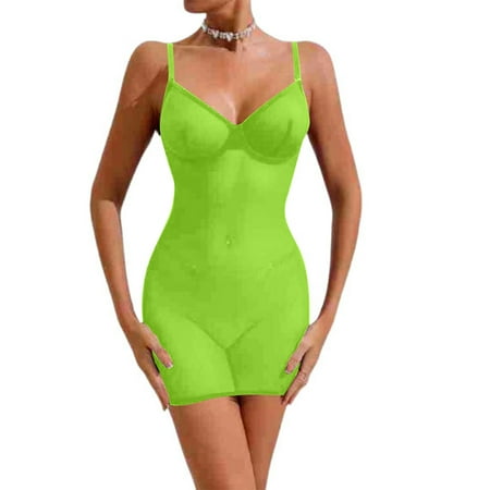 POIUYTR Plus Size Power Mesh Bodysuit - See Through Tummy Control Shapewear  Slimming Babydoll Sheer Mesh Nightgown