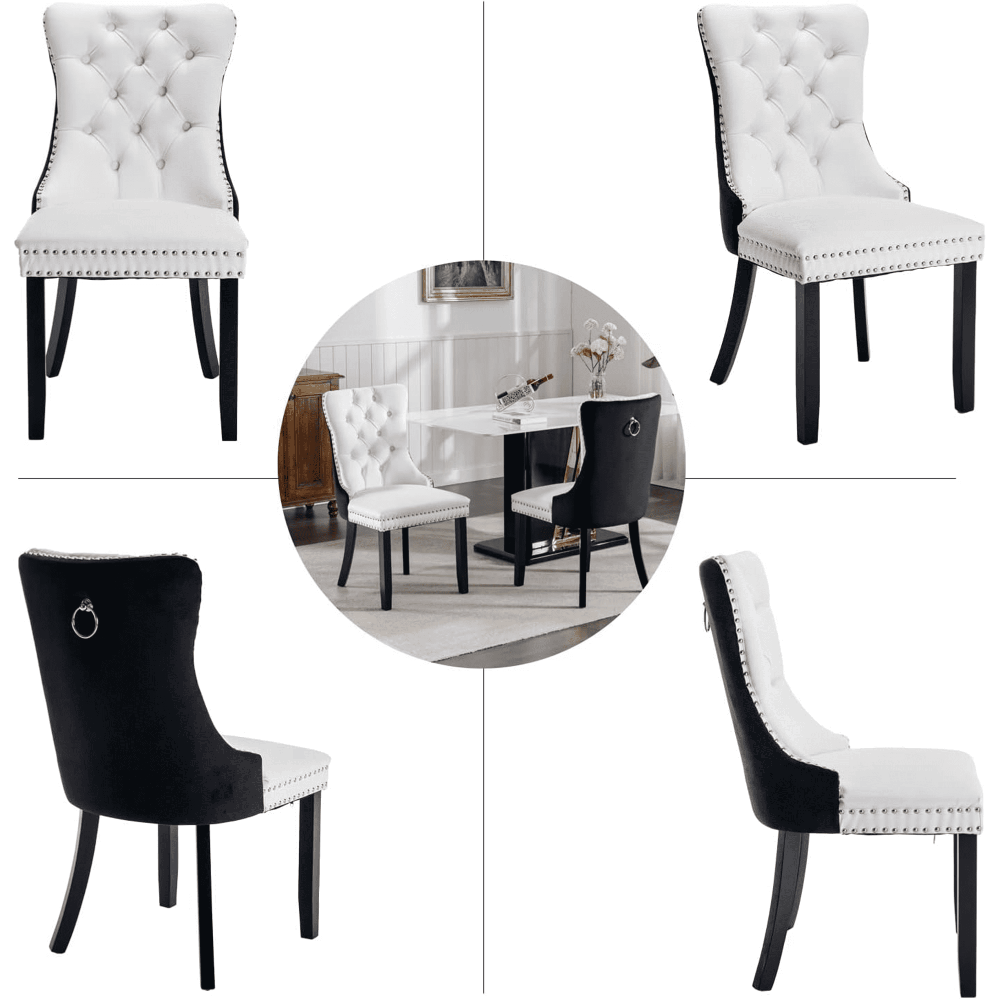 PORKISS Dining Chairs Set of 2, Modern Wood and PU Dining Room Chairs with Back Ring and Nailhead Trim, Upholstered Tufted Velvet Chair with Wood Legs for Kitchen, White/Black