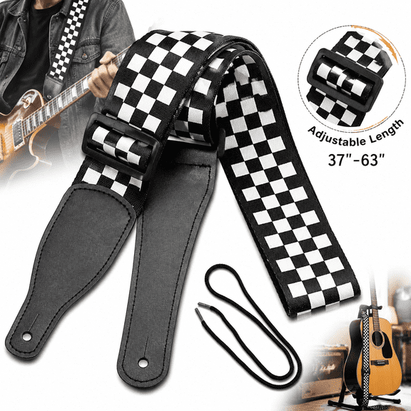 Guitar Strap with Leather Ends, Adjustable Nylon Checkered Shoulder Strap for Electric, Acoustic & Bass Guitar, 2 Inch Wide Black and White Guitar Strap Accessories