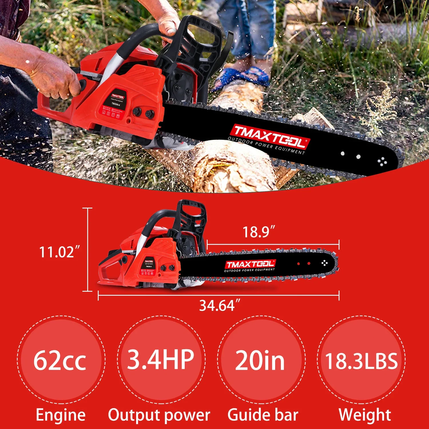 20in Gas Chainsaw, 62CC Powerful Chainsaw w/2 Stroke Engine, 3.4HP Cordless Chainsaw for Trees and Wood Cutting