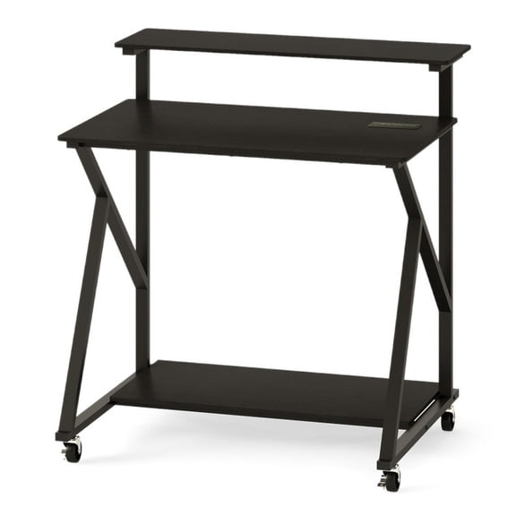 Furnibear 32 Inch Rolling Computer Desk for Small Spaces With Power Outlets and Monitor Shelf, Compact Home Office Desk on Wheels, Black