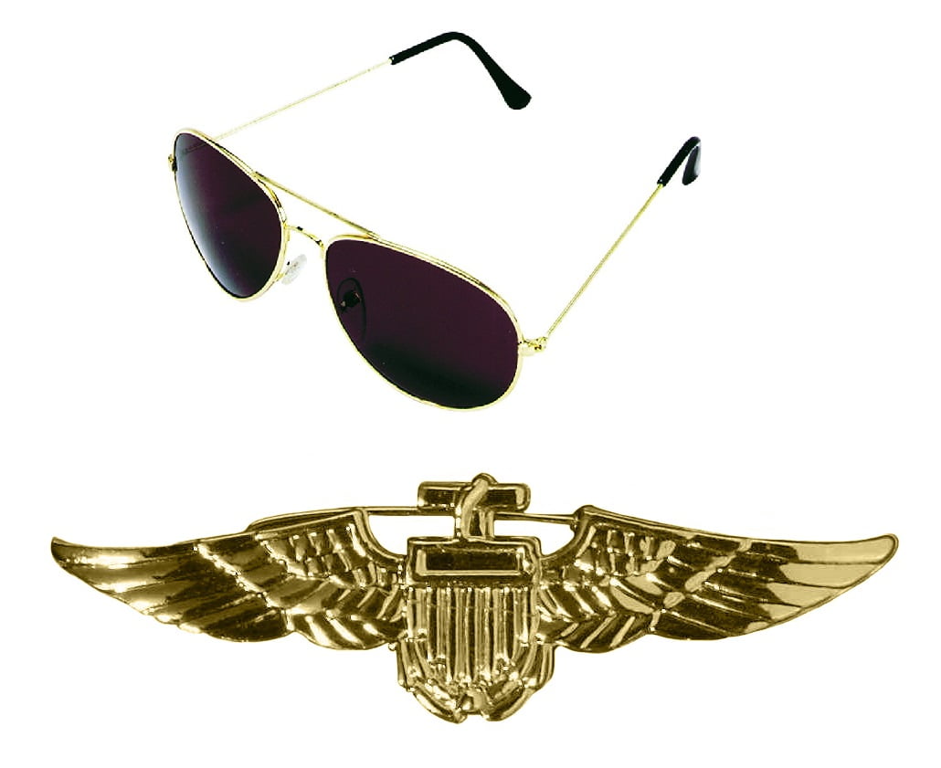 Fancy Aviator Pilot Gold Badge and Sunglasses Airliner Costume