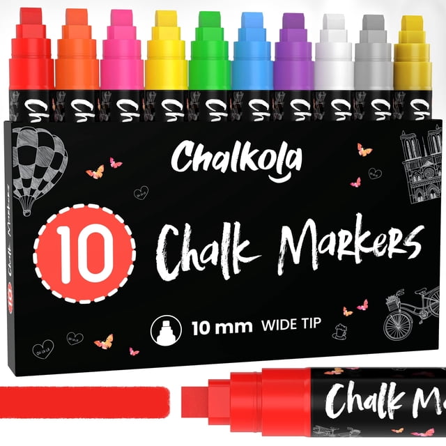 Marcadores de neón para ventanas de coche Chalkola, 10 bolígrafos de tiza, punta 3 en 1
