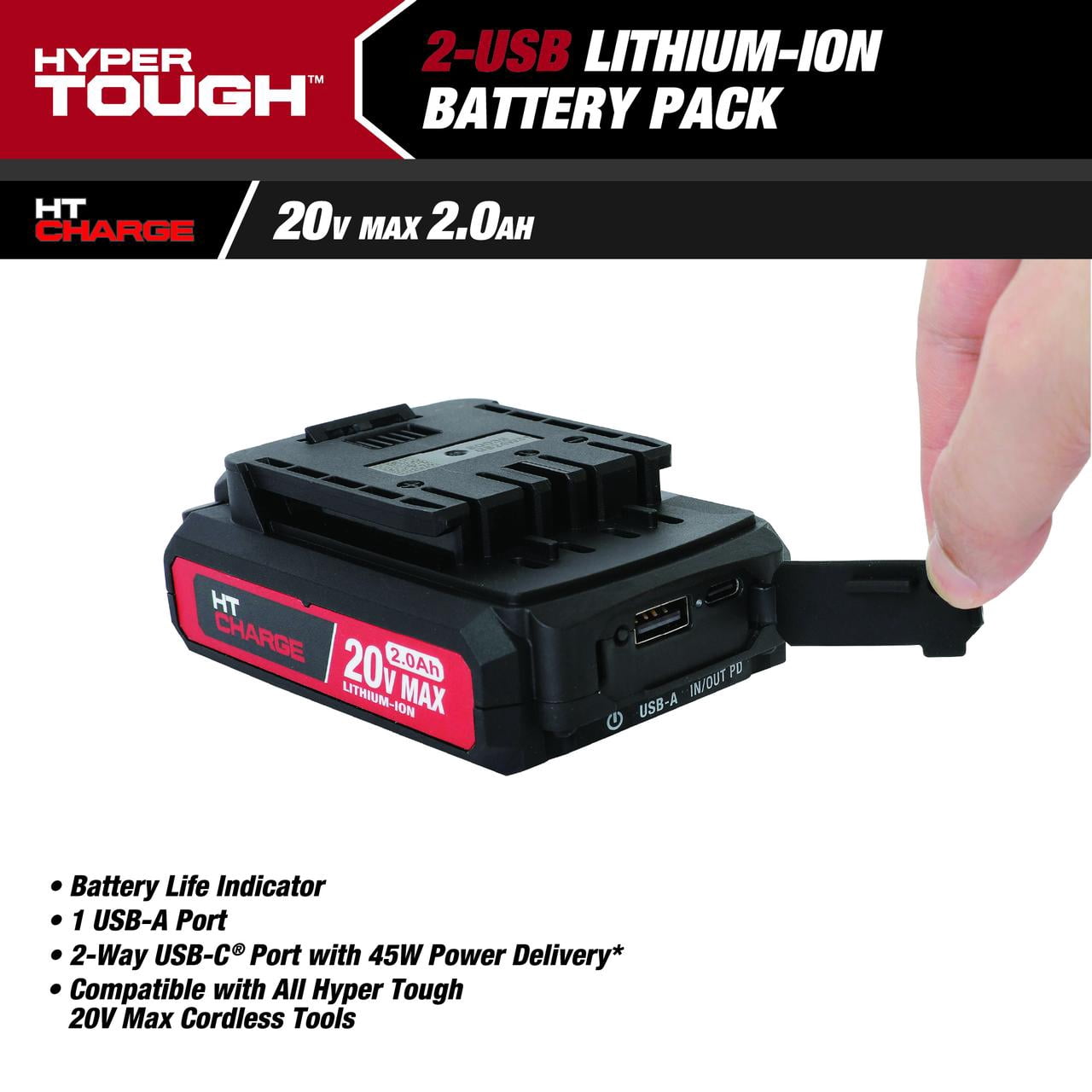 Hyper Tough 20V 2.0Ah Rechargeable Battery with USB-a and USB-c Ports