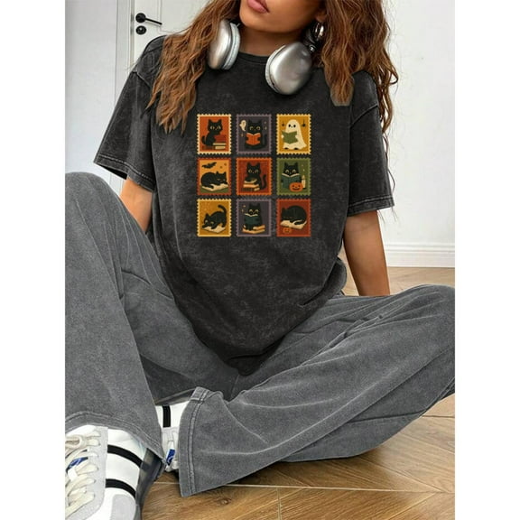 Halloween Retro Black Cats Graphic Tee T Shirt Top Short Sleeve Round Neck Black S-2XL Plus Size