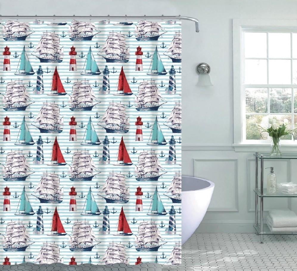Sailboats & Lighthouses Maritime Coastal Fabric Shower Curtain 70 in