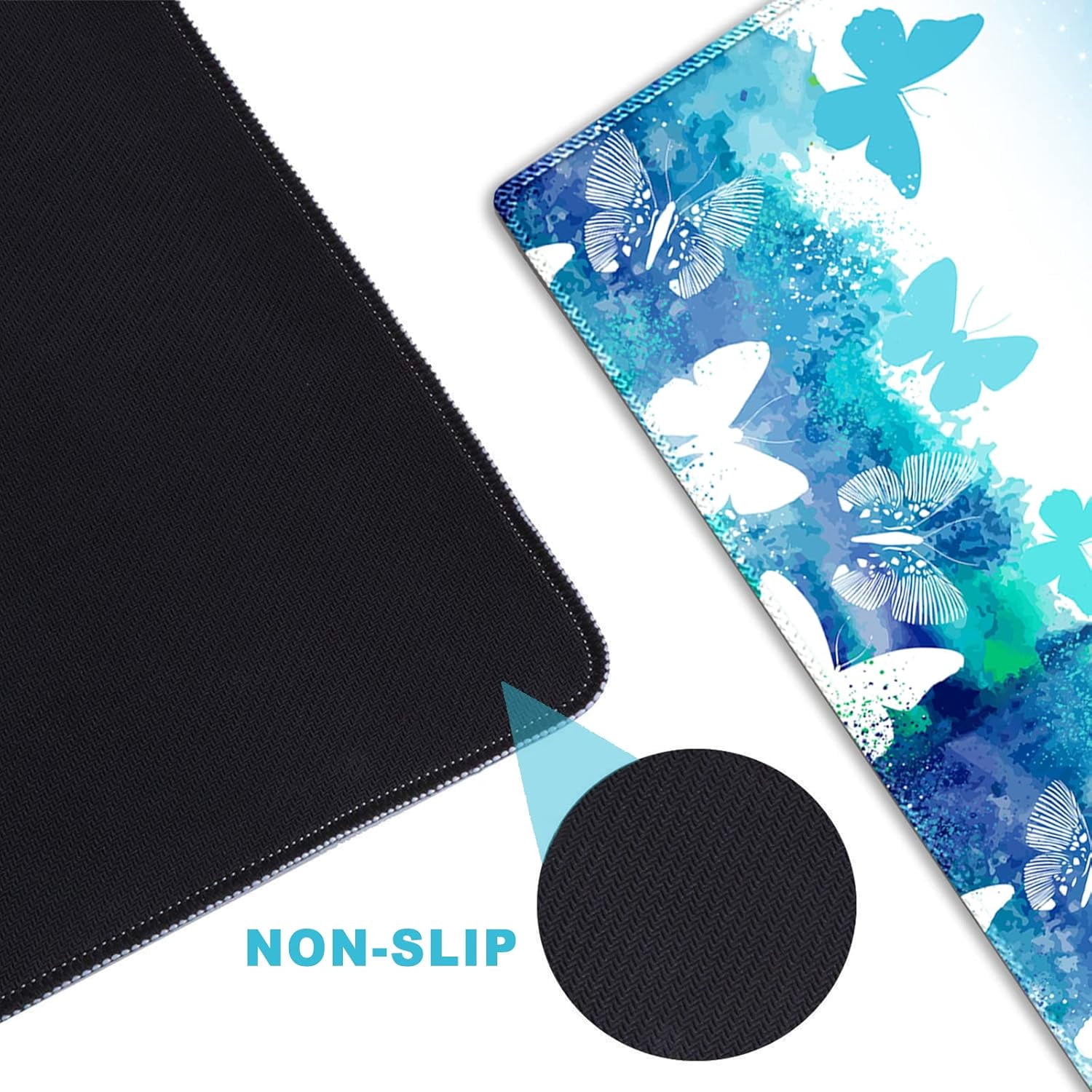 Large Gaming Mouse Pad with Stitched Edges, XXL Extended Keyboard Mat Long Mousepad Desk Decor Writing Pad 35.1x15.7 in, Non-Slip Base for Work, Game, Office, Home, Blue Butterfly
