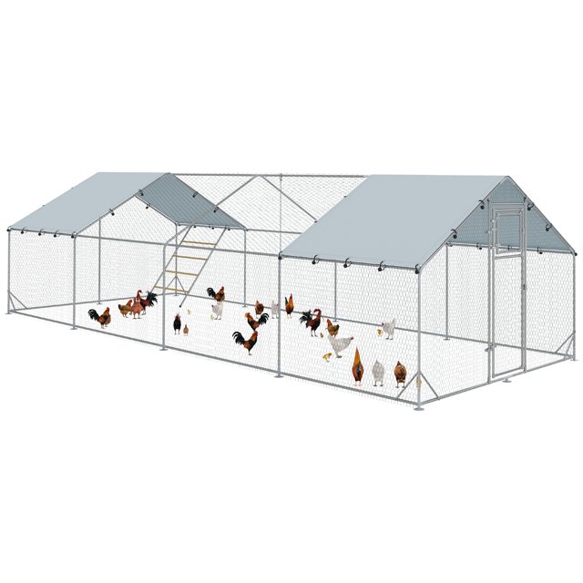 PawHut Chicken Run, a large metal chicken coop with a silver galvanized steel frame and UV-resistant cover, offering a spacious 258 sq. ft. enclosure for 24-30 chickens. Includes feeding door, hanging feeder, and 4-tier perches. Ideal for livestock enclosure or farm animal shelter, suitable for chickens, rabbits, and ducks.