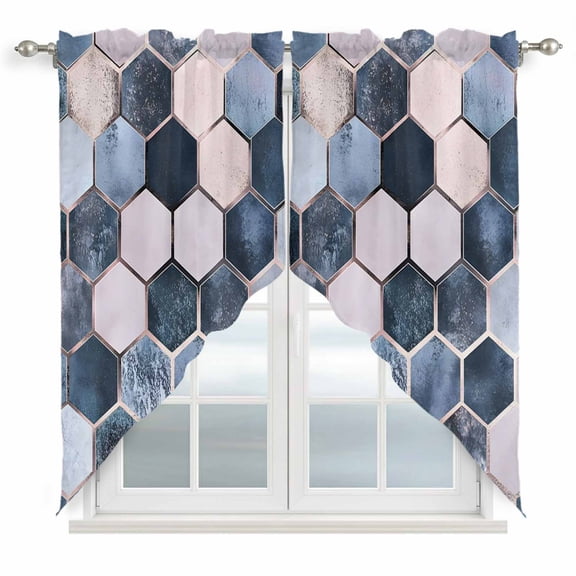 Navy Blue Grey Kitchen Window Curtains, Swag Curtains Valance for Bedroom Living Room Bathroom, Modern Abstract Art Geometric Rod Pocket Window Treatment Curtain Block Drapes 2 Panels 28"x36"