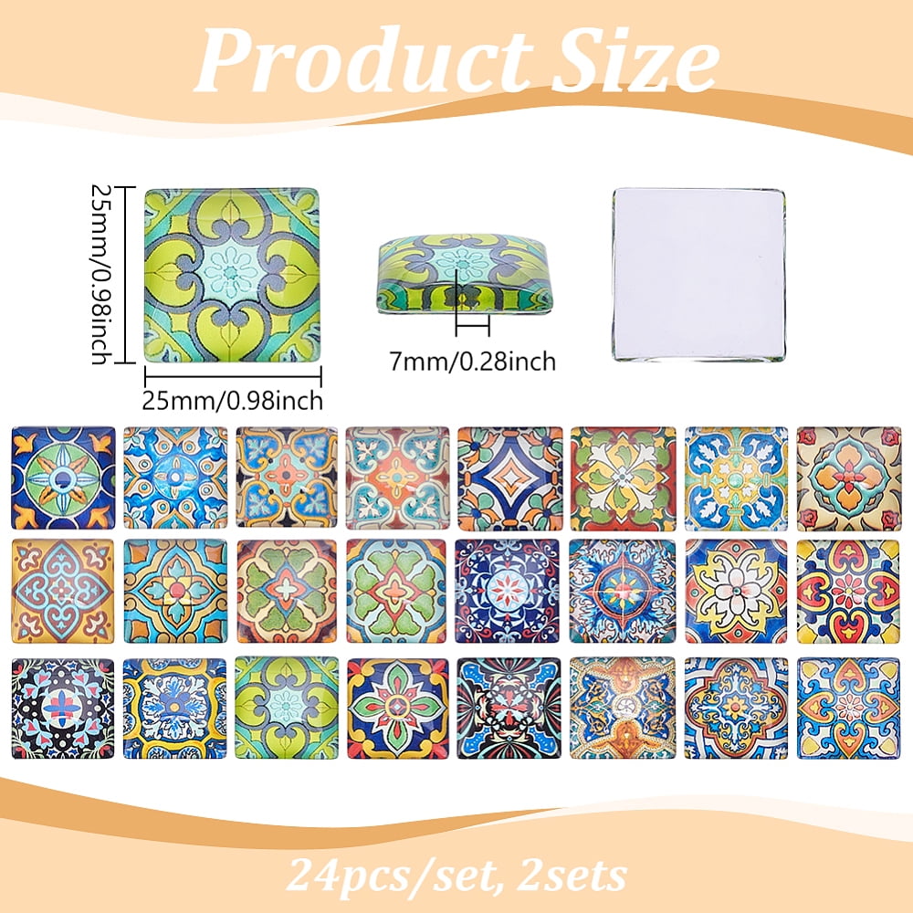 PH 1 Inch Square Mosaic Cabochons 48pcs Glass Cabochon Tiles Mosaic Printed Glass Dome Cabochons Flower Pattern Mosaic Tiles Supplies for Photo Cameo