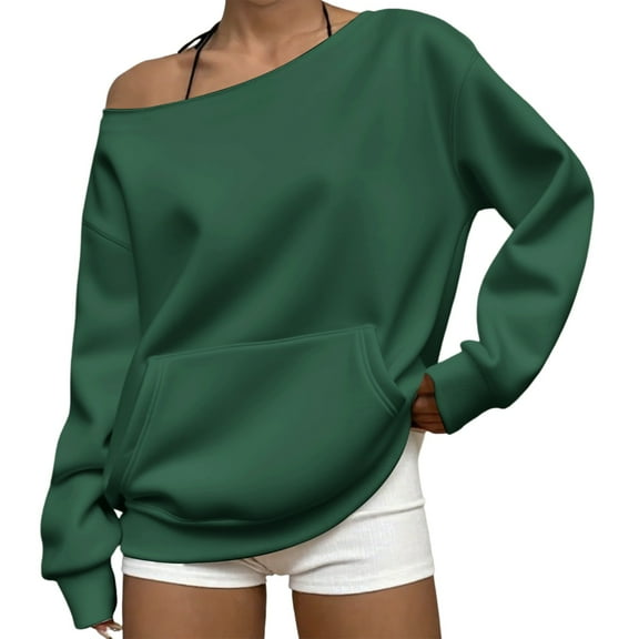 Womens off The Shoulder Sweatshirt Comdrip off The Shoulder Sweatshirt for Women Oversized Long Sleeve Fleece Basic Pullover Sweatshirts with Pockets Cute Sweatshirts Blackish Green L