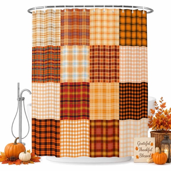 Thanksgiving Checked Shower Curtain Set - 48" x 72" Washable Bathtub Curtain with 12 Hooks, Fall Orange Black Buffalo Plaid Waterproof Fabric Stall Shower Curtains for Bathroom/Bathtub Décor