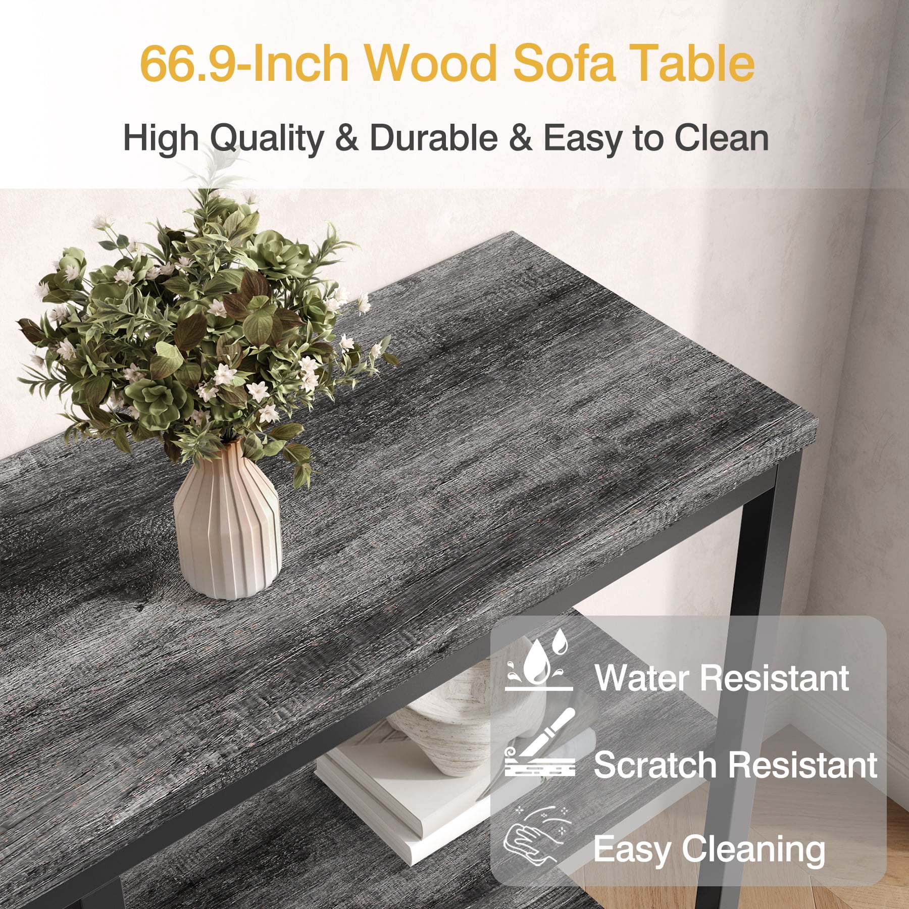 Tarnorci 66.9 Inch Extra Long Sofa Table, Narrow Long Sofa Console Tables Behind Couch Table with Open Storage Shelf, Gray+Black