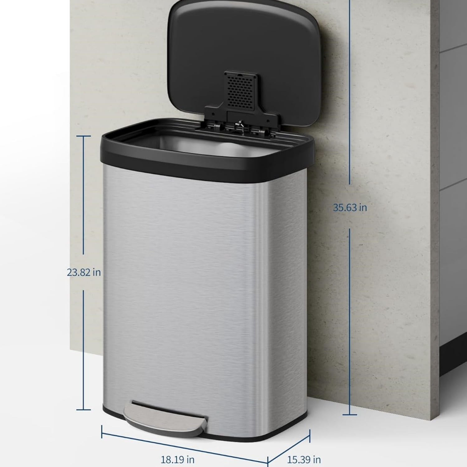 Garvee 15.85 Gallon Kitchen Garbage Can with Liner Rim & Soft Close Plastic Lid, Silver
