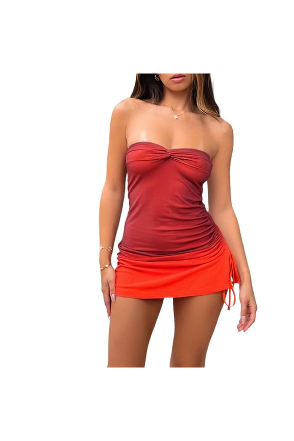 Women Bodycon Tube Dress Plaid Solid Color Strapless Backless Mini Dress Package Hip Skirt