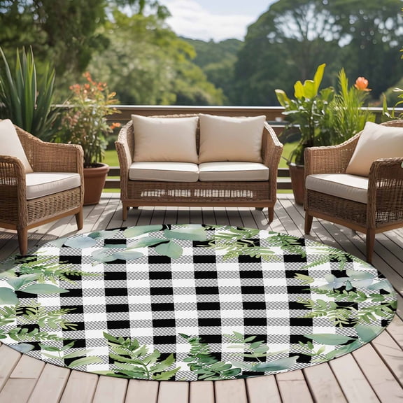 Summer Eucalyptus 8ft Round Rug for Open Concept Living Room Seating Zone, Leaf Plant Black And White Buffalo Plaid Washable Non Slip Large Circle Area Rug
