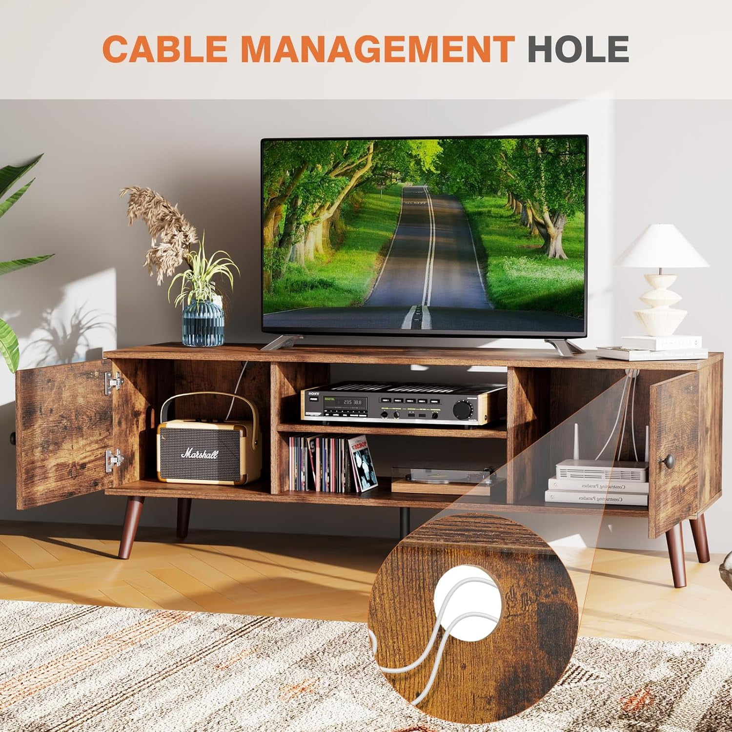 TV Stand for 55 60 inch TV, Modern Mid Century Entertainment Center with Storage, Media Console Table 2 Cabinet, for Living Room, Office, Rust Brown