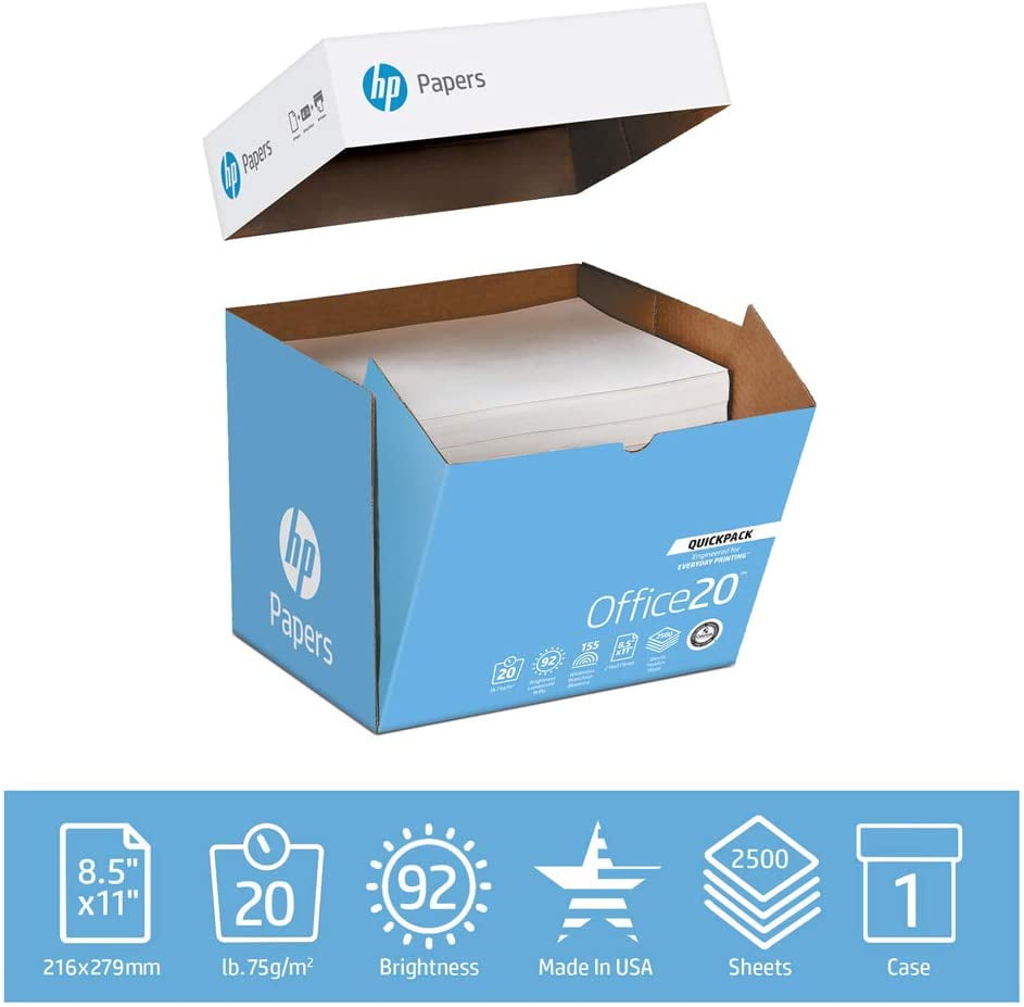 HP Printer Paper 8.5x11 Office 20 lb 1 Quickpack Case 2500 Sheets No