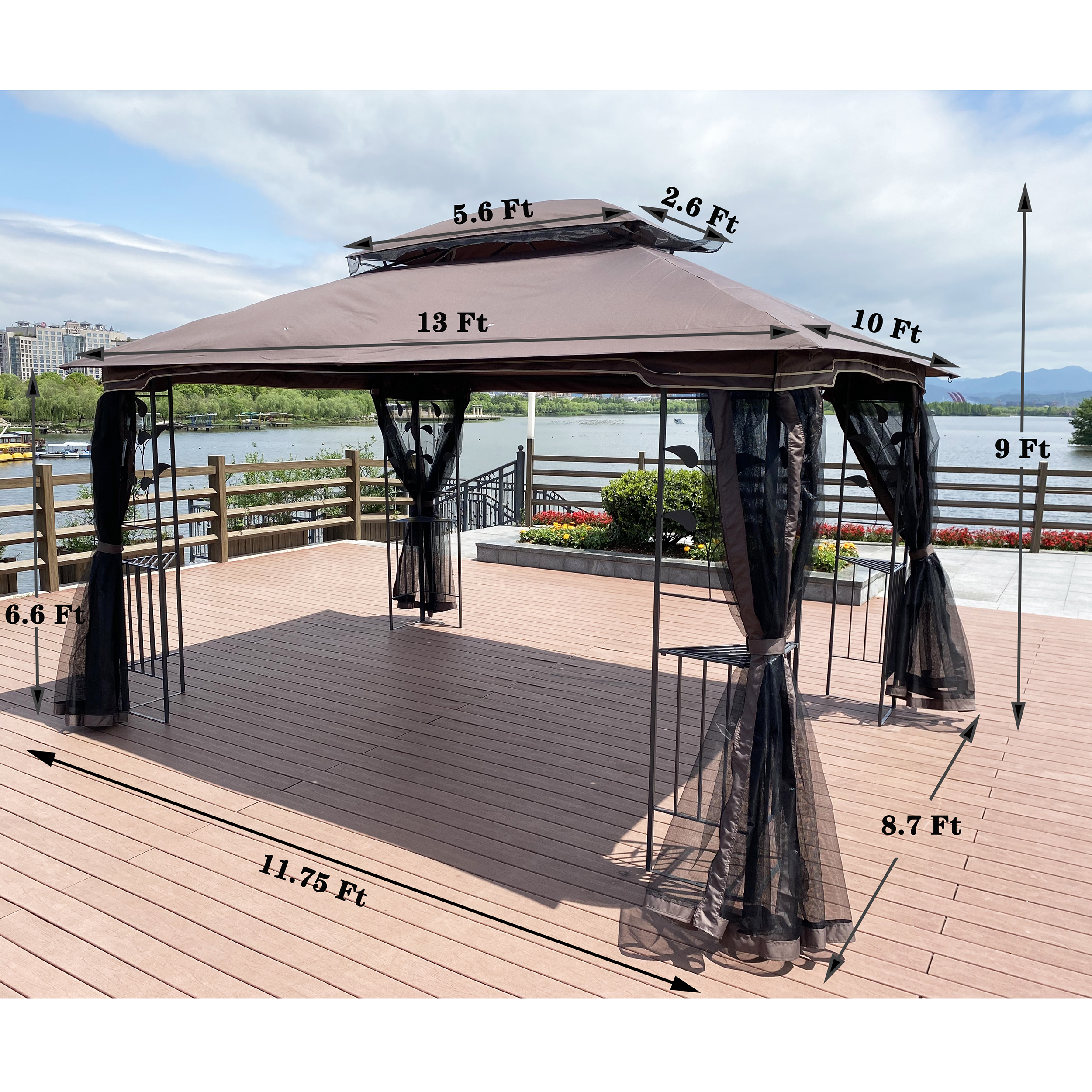 Royard Oaktree Patio Gazebo 13x10 Ft Outdoor Canopy Gazebo with Mosquito Netting and Corner Shelf Ventilation Double Roof Party Tent for Lawn Backyard Garden Deck,Brown