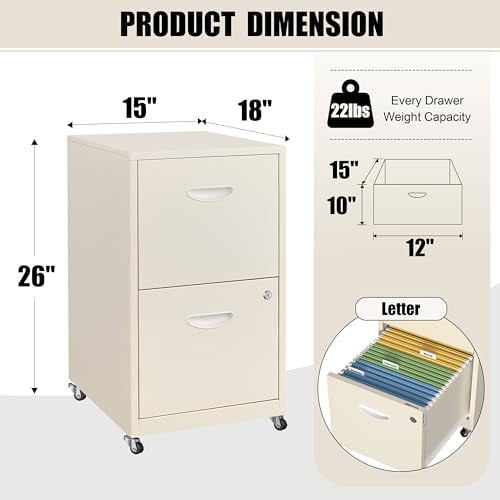 2 Drawer Mobile File Cabinet with Lock, Metal Filing Cabinets with Wheels,Rolling Storage Cabinet, Under Desk Vertical File Cabinet for Home Office, Lockable Steel Two Drawer for L