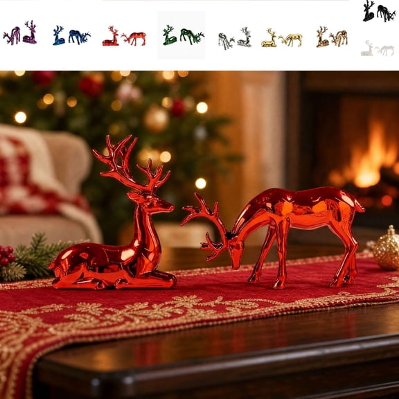 LEFXSMR Christmas Reindeer Decor, 2pcs Electroplated Deer Figurine, Reindeer Christmas Decorations Indoor for Mantel Tabletop Storefront Window