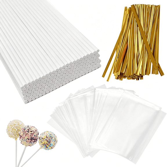 CCOCC 4-Inch White Lollipop Sticks and Bags Set, 100Pcs Paper Candy Sticks,100Pcs Clear Bags, 100Pcs Twist Ties for Hard Candy, Chocolate, Cookie, Dessert (Gold)