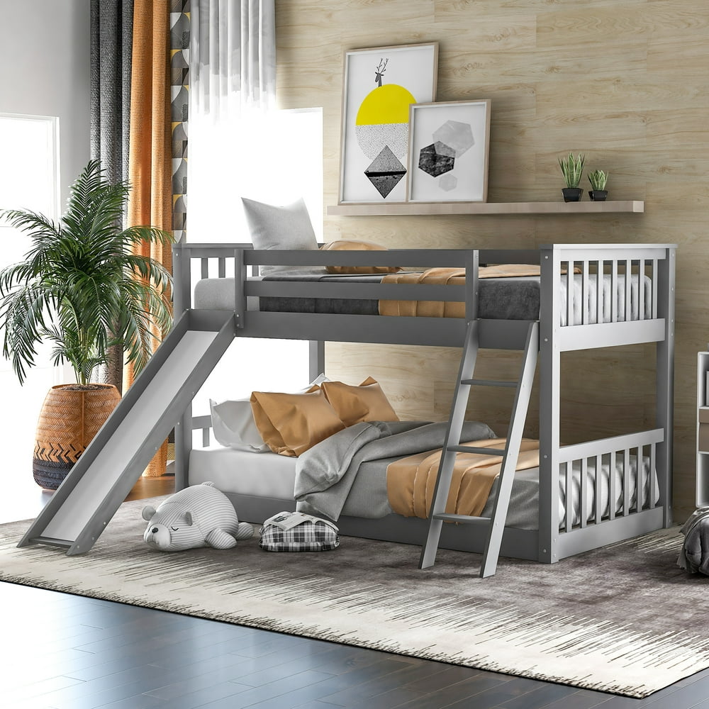 Euroco Twin Over Twin Floor Bunk Bed with Slide and Ladder, Gray