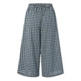 thumbnail image 5 of felwors Women's Cotton Linen Pants Elastic Waist Plaid Gingham Wide Leg Capri Palazzo Pants Blue, XXL, 5 of 5