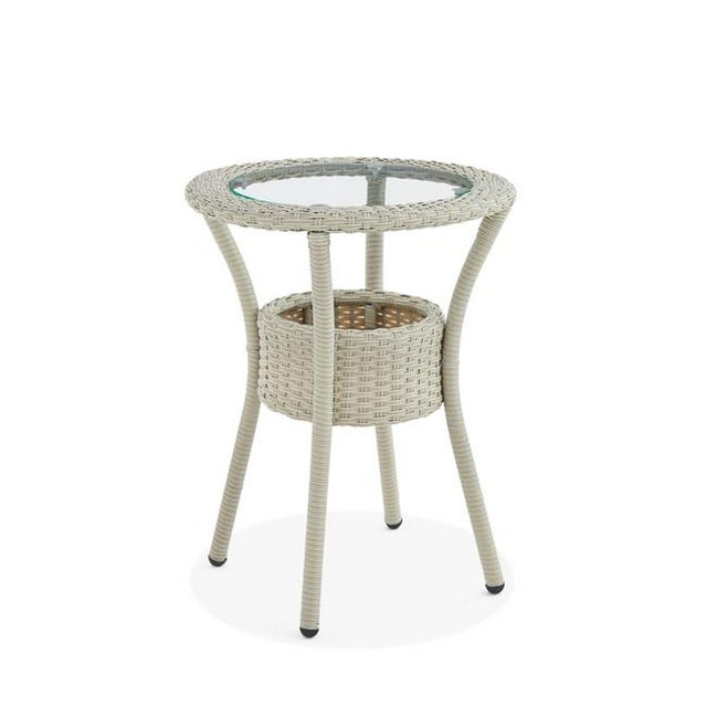 Alaterre AWWE02EE Haven All-Weather Wicker Outdoor Round Glass-Top Accent Table with Storage, Beige