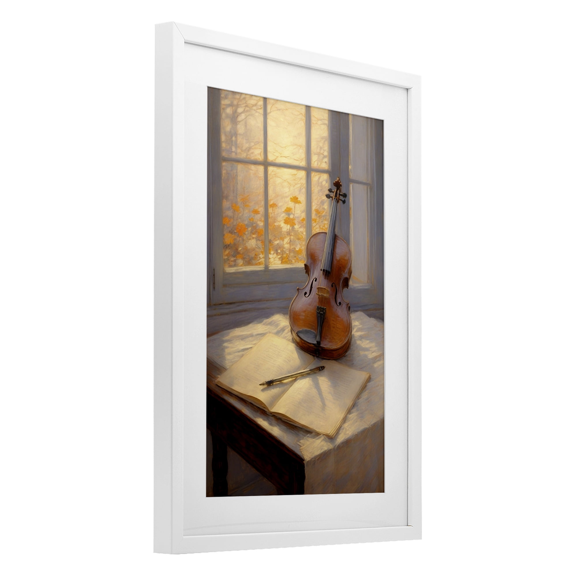 Stupell Industries Autumn Sunlit Violin White Framed Print Under Glass, design by Angie Hawke