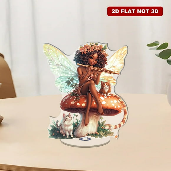 Ornement en Acrylique Rotatif avec une Belle Fée Afro-Américaine avec une Couronne de Fleurs Assis sur un Champignon Jouant de la Flûte avec Son Chat