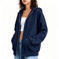 thumbnail image 3 of Plus Size Women's Full Zip Fashion Hoodie, Oversized Long Sleeve Hooded Sweatshirt with Pockets, Casual Cute Zip Up Hoodies, Navy, XXL, 3 of 6