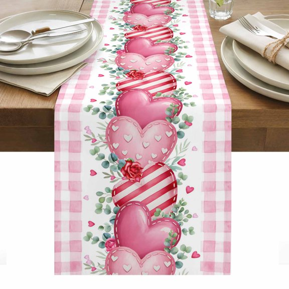 Valentines Day Table Runner - 108 Inch Long, Kitchen Dining Table Runner Dresser Scarves, Modern Love Heart Eucalyptus Leaf Pink Plaid Farmhouse Decor for Coffee Tables Wedding Party Banquet