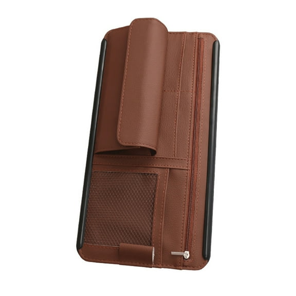 MoreChioce Sun Visor Bill Holder PU Leather Car Card Case ID Business Card Coins Phone Organizer Bag with Glasses Box Brown