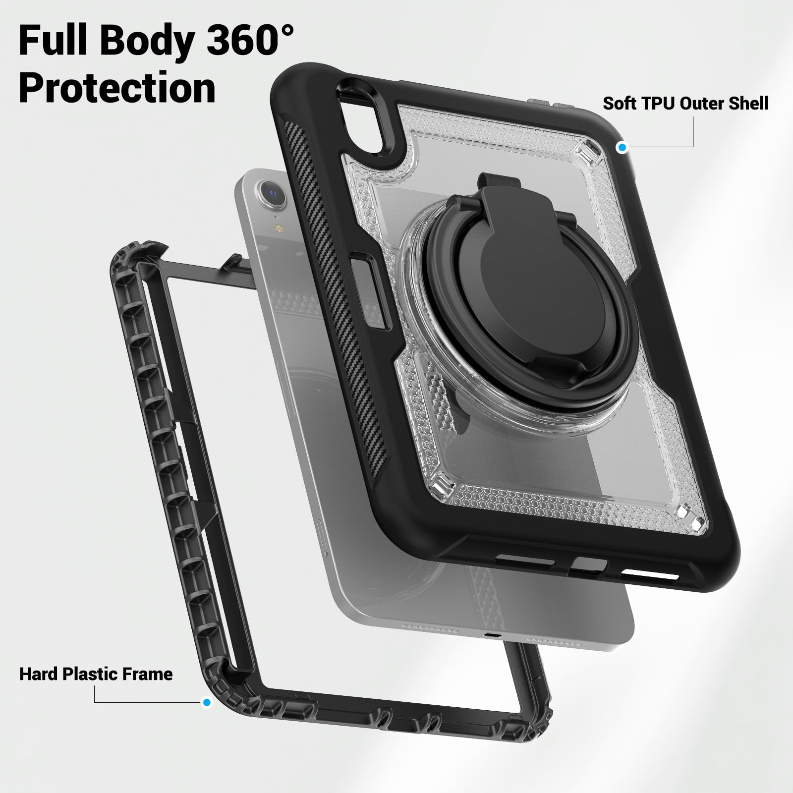 Shockproof Case for Apple iPad Mini 6th 7th Generation 8.3 Inch, Rugged Hybrid Protective Cover with Pencil Holder & Shoulder Strap Kids Friendly Rotating Kickstand Case for iPad Mini 6 7,Clear