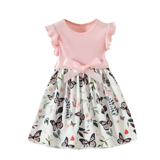 Odeerbi Niñas Algodón Rib Knit Floral Vestidos Verano Ruffle Manga Arco Princesa Vestido Niños Impreso Sin Mangas Cuello Redondo Rodilla Vestido