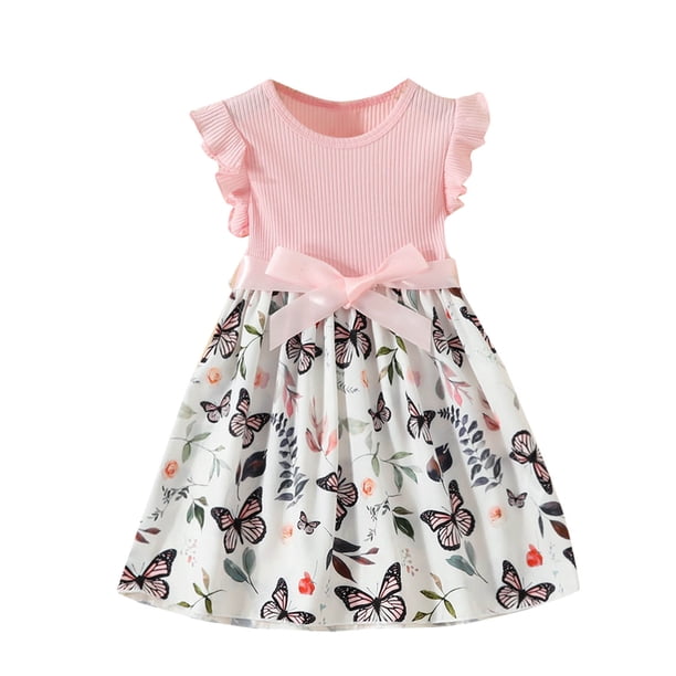 Odeerbi Niñas Algodón Rib Knit Floral Vestidos Verano Ruffle Manga Arco Princesa Vestido Niños Impreso Sin Mangas Cuello Redondo Rodilla Vestido