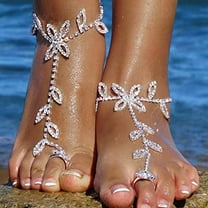 NIBOLOG Adjustable Extended Chain Women Anklet Shining Rhinestone Leaves Foot Chain with Toe Ring Foot Jewelry