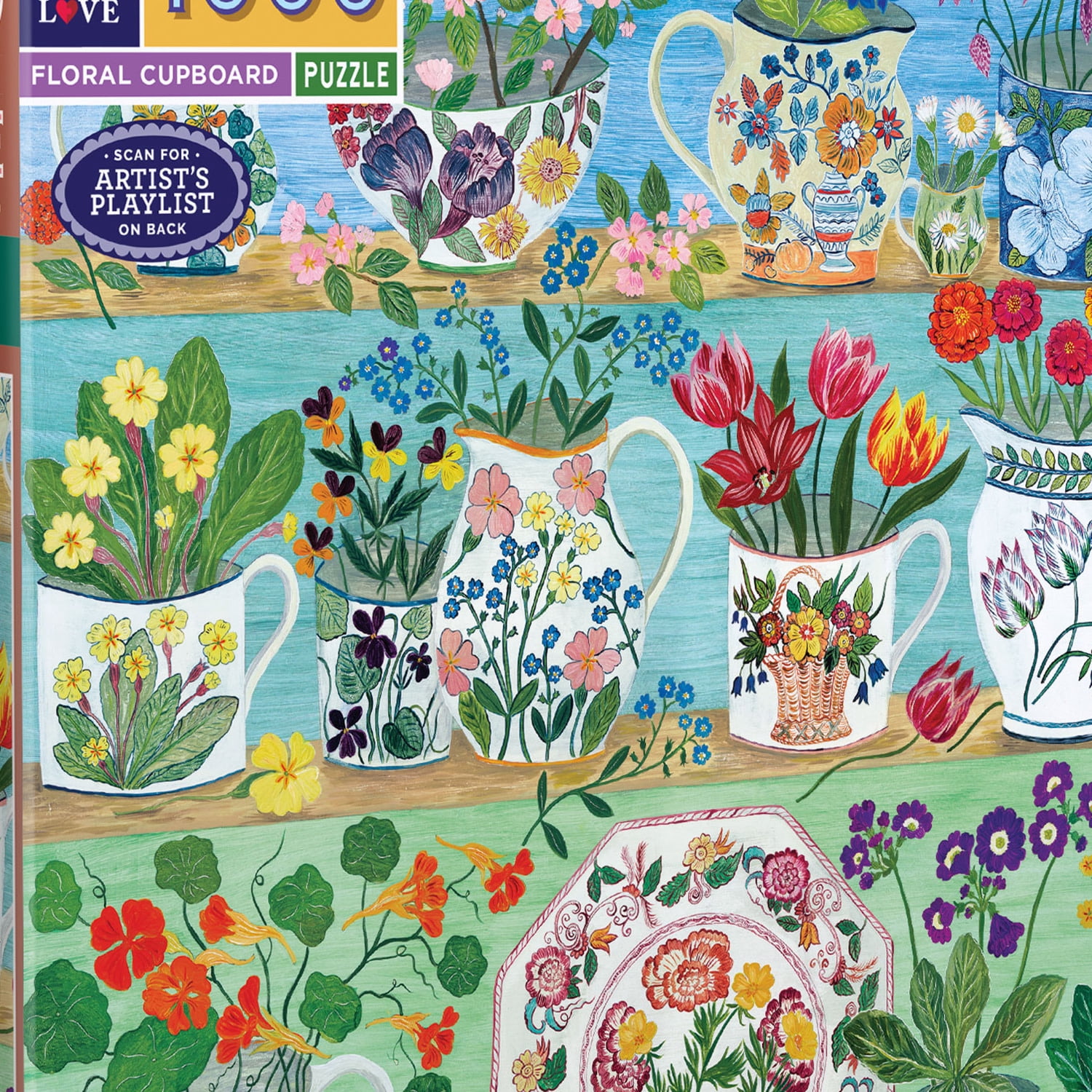 eeBoo Piece & Love: Floral Cupboard - 1000 Piece Puzzle - 23" Square Adult Jigsaw, Debbie George's Georgian China & Bouquet Vase Scene, Eco-Friendly