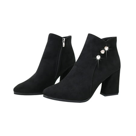 

hopeusnice Women s Ankle Boots Suede Chunky Heel Pointed Toe Zipper Buckle Booties Comfortable Fall Winter Shoes Black 35