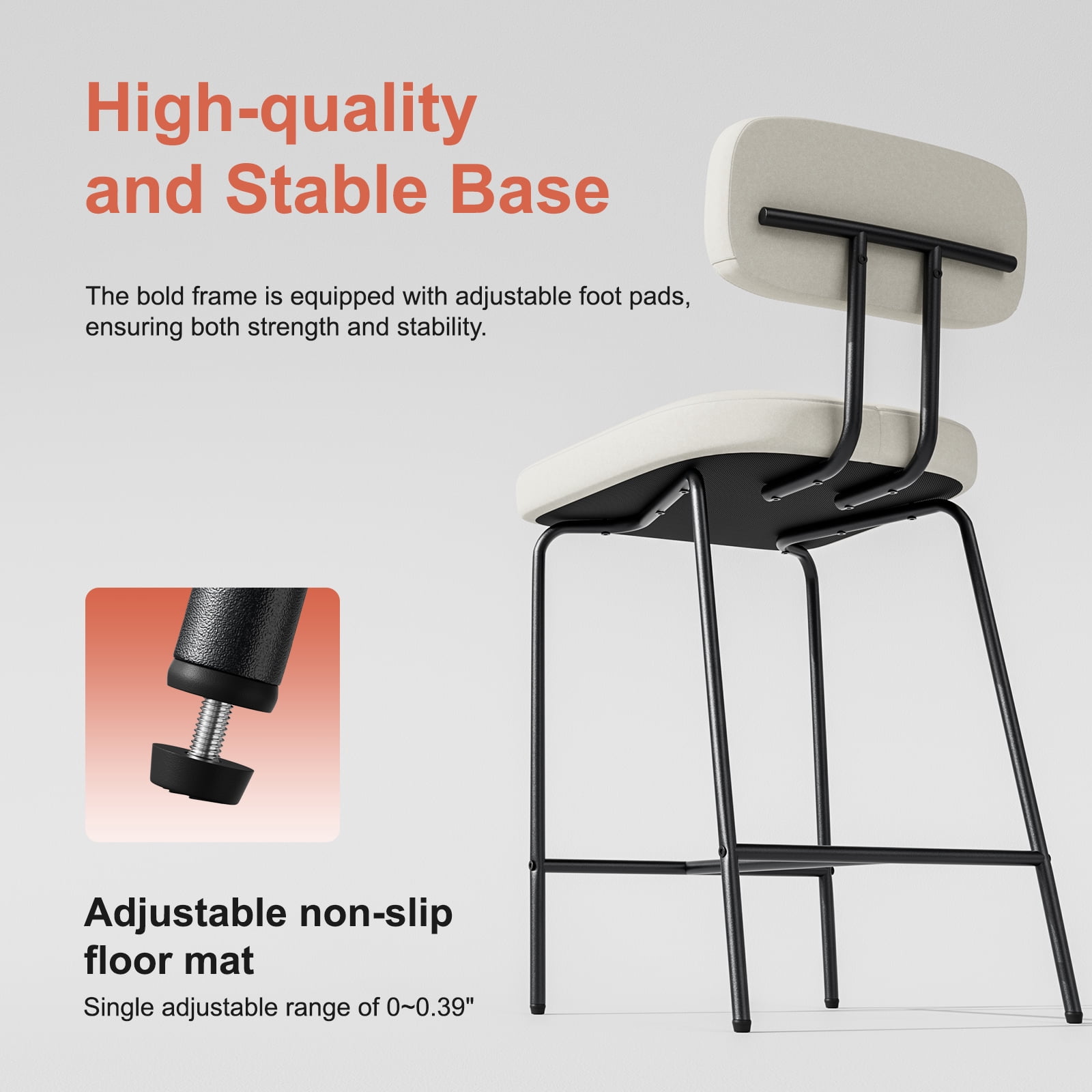 Genpo Counter Height Bar Stools Set of 4, 26" White Fabric Kitchen Counter Stools with Backs, Metal Legs, Footrest and Wide Seat, Bar Chairs for Kitchen Island