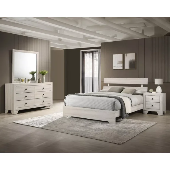 Rustic 5Pc King Size Platform Bed Set Cream Finish Wooden Bedroom Furniture