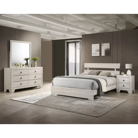 Rustic 4Pc Full Size Platform Bed Set Cream Finish Wooden Bedroom Furniture