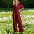 thumbnail image 6 of Women's Solid Color Cotton Linen Jumpsuits Tighten Waist Zipper V Neck Wide Leg One Piece Jumpsuit Loose Flowy Three Quarter Sleeve Rompers with Pockets, 6 of 7