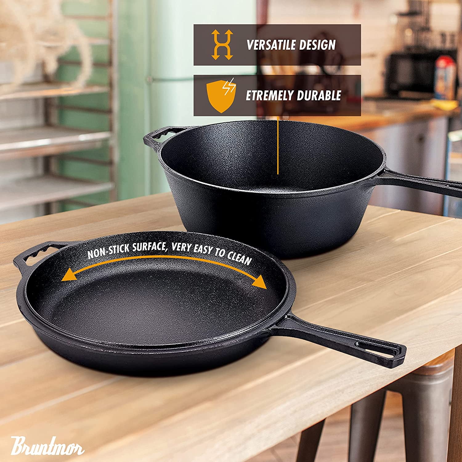 Bruntmor 2.3 Quart Pre-seasoned Cast Iron Dutch Oven With Handles, Lid And  Silicone Accessories, 2.3 Qt Black Cast Iron Skillet, Pre-seasoned Shallow
