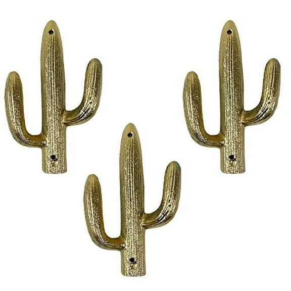 Urbalabs Cast Iron Cactus Hooks for Wall Double Cactus Coat Key Hanger Southwestern Western Wall Home Rustic Cactus Decor, Cactus Coat Rack, Bags, Towels and More Metallic Gold 3 Pack (Gold)