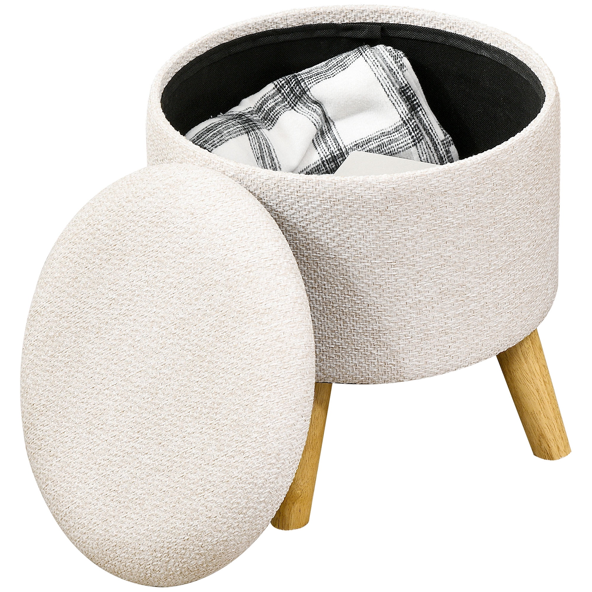 HOMCOM Storage Ottoman, Round Footstool with Linen Feel Fabric Upholstery, Removable Top, Hidden Space and Wood Legs for Living Room, Cream White