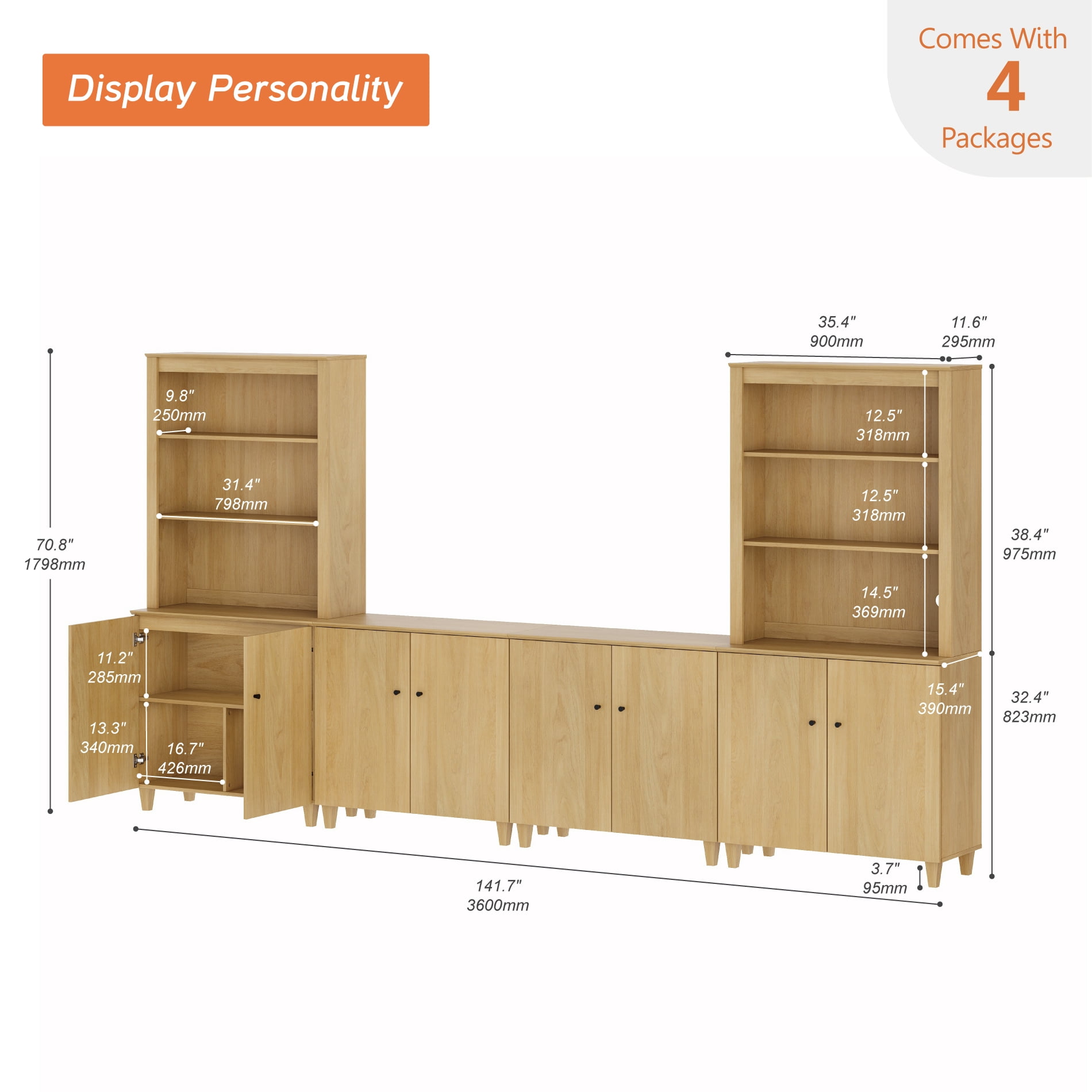 Modern Entertainment Center with Bookshelves and Cabinets for 75" TVs,Oak